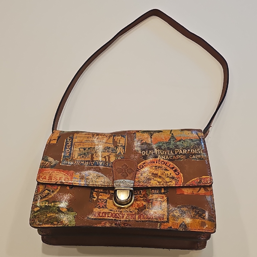 Patricia Nash Brown Multi-Color Travel Stamp Shoulder Bag 9"x7"